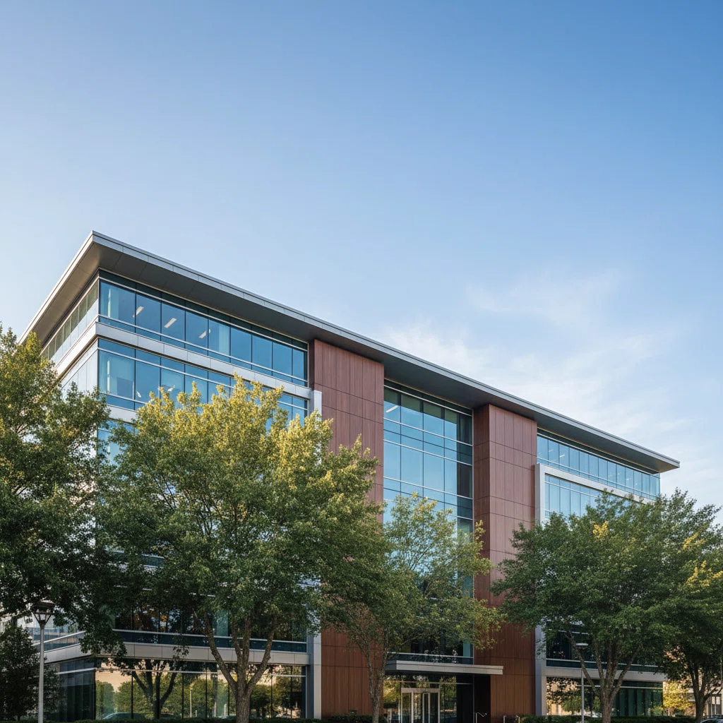 Modern glass office building exterior representing Brighton Hearing Review's professional editorial base